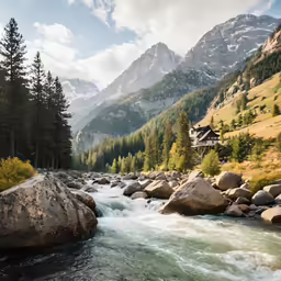 mountain stream flowing through lush pine and rocky valley
