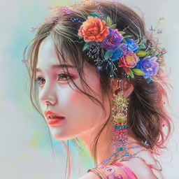 the beautiful chinese girl with flower decorations on her head,a portrait of a girl with flowers in her hair