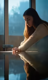 a girl leaning over looking at something in the water