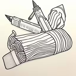 a pair of scissors, and some knitting needles in a tube,this is a pen and two other writing utensils
