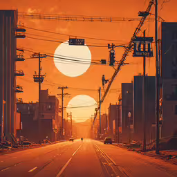the sun is setting in an empty city with power lines and wires,a city street at sunset with a car on the road