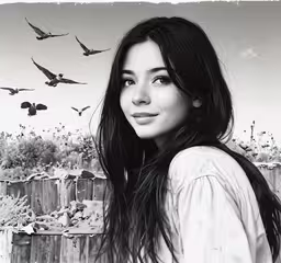 a black and white photo of a woman with birds in the background,a black and white photo shows a woman smiling