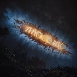 a dark photo of a glowing sign in the sky