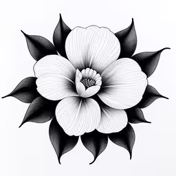 the ink drawing depicts an elegant flower with large leaves