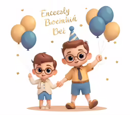 two cartoon boys holding hands with balloons and a happy birthday card