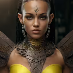 a women with elaborate hair and a bright yellow dress