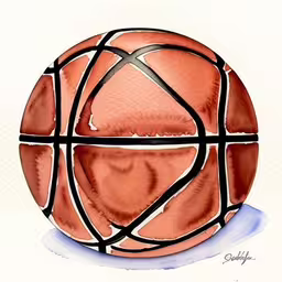 watercolor sketch drawing of an orange basketball on white paper,a painting of an orange ball with some black stripes,a drawing of a ball with black bars and a white spot,the basketball is shown with lines on it,watercolor painting of a basketball ball with black lines