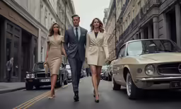two men and a woman walk down the street