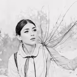 a woman wearing tie and shirt holding her hair