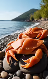 several crabs laying on rocks near the ocean
