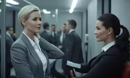 two women talking to each other in an office setting