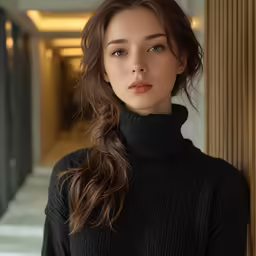 a young woman wearing a black turtle neck sweater
