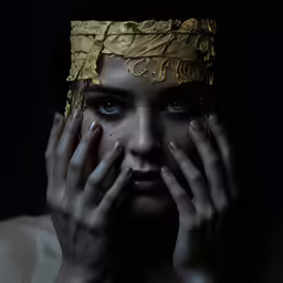 a woman with makeup and rings holds her hands up in front of her face