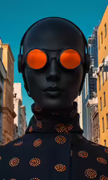 a person with red goggles standing in front of tall buildings