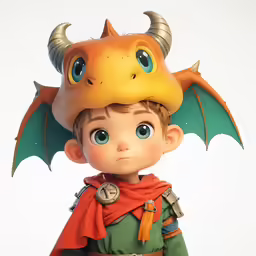 a cartoon toy of a boy with a dragon hat