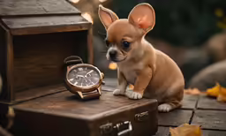 a chihuahua puppy sitting on top of a chest with a watch