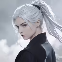 the female in the photo is wearing a black shirt and long white hair