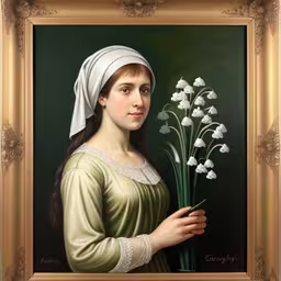 a portrait painting of a girl holding lily of the valley,a painting of a young girl holding a bunch of flowers,a painting of a woman holding flowers in a frame,the painting is of a woman holding white flowers,a painting of a woman holding a plant