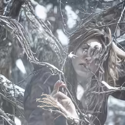 a girl with dark hair holding onto the branches of a tree