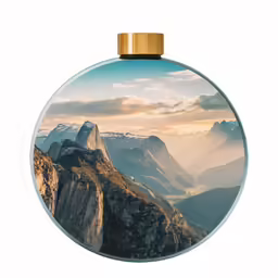 a glass ornament with an image of mountains in the background