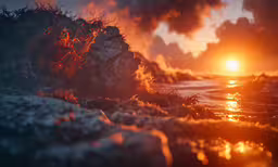 the sun is setting behind a dark hill and water