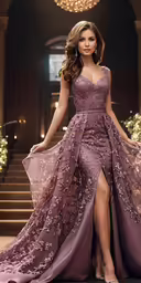 a woman is standing on steps with her dress on