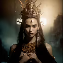 the woman is wearing a crown and has long hair