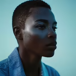 a person with a black head and blue eyes