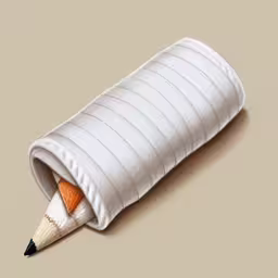a pencil in a white case with orange pencil on top,a white pencil case with an orange and black striped pencil sticking out of it