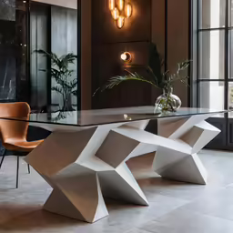 the interior of a hotel with modern furniture and lamps