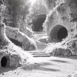 a path of snow leading into a cave with snow on the ground