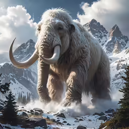 a large mammoth walking through the snow in a mountain range