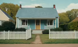 the blue house has a white picket fence around it