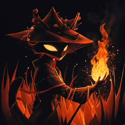 a character with a hat on stands next to an open flame