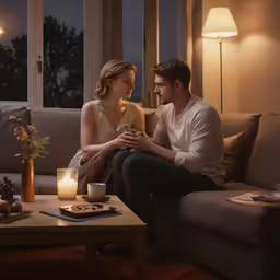 a woman and a man on a couch look at each other