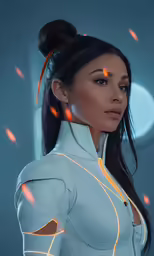 a woman with a ponytail in the foreground and orange stars flying in the background