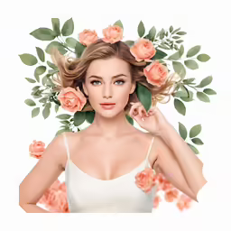 a woman standing in front of flowers and leaves