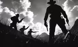 some men standing in the grass with guns