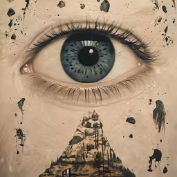 an eye peers straight ahead, with many black and white objects surrounding it