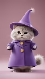 a cat dressed up in a purple coat and hat