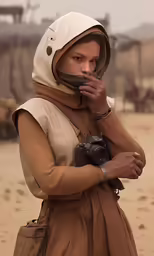 an asian woman in a camel colored coat, carrying a camera and talking on her phone