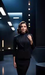a woman standing in an empty room wearing a black suit and skirt