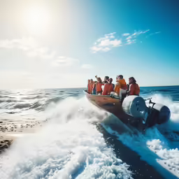 a group of men riding in a wooden boat