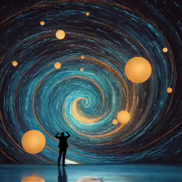 a man is standing in front of a painting with paper lanterns