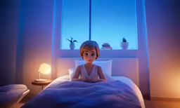 a stuffed animal doll sits in bed next to a window