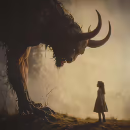 a child is watching a huge boar in the distance