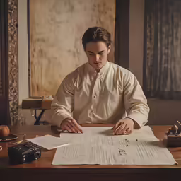 a man sitting at a desk working on papers