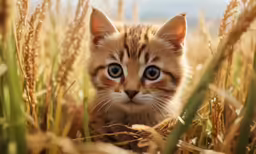 a kitten is walking through the tall grass