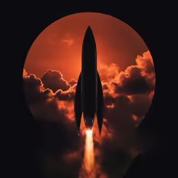 a black and white photo of a saturn rocket flying into the night sky with a large circle at the center of it