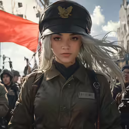 the girl in military uniform stands next to a group of soldiers